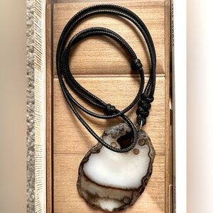 Elegant Black and Brown Agate Pendant Necklace adjustable cord 14-26 inc…
